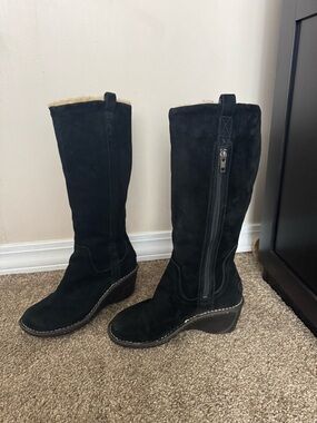 UGG Black Suede Knee-High Heeled Boots